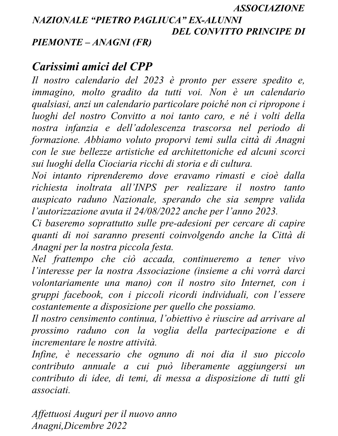 LETTERA PRESIDENTE ASSOCIAZIONE PER GLI EX ALUNNI 2023